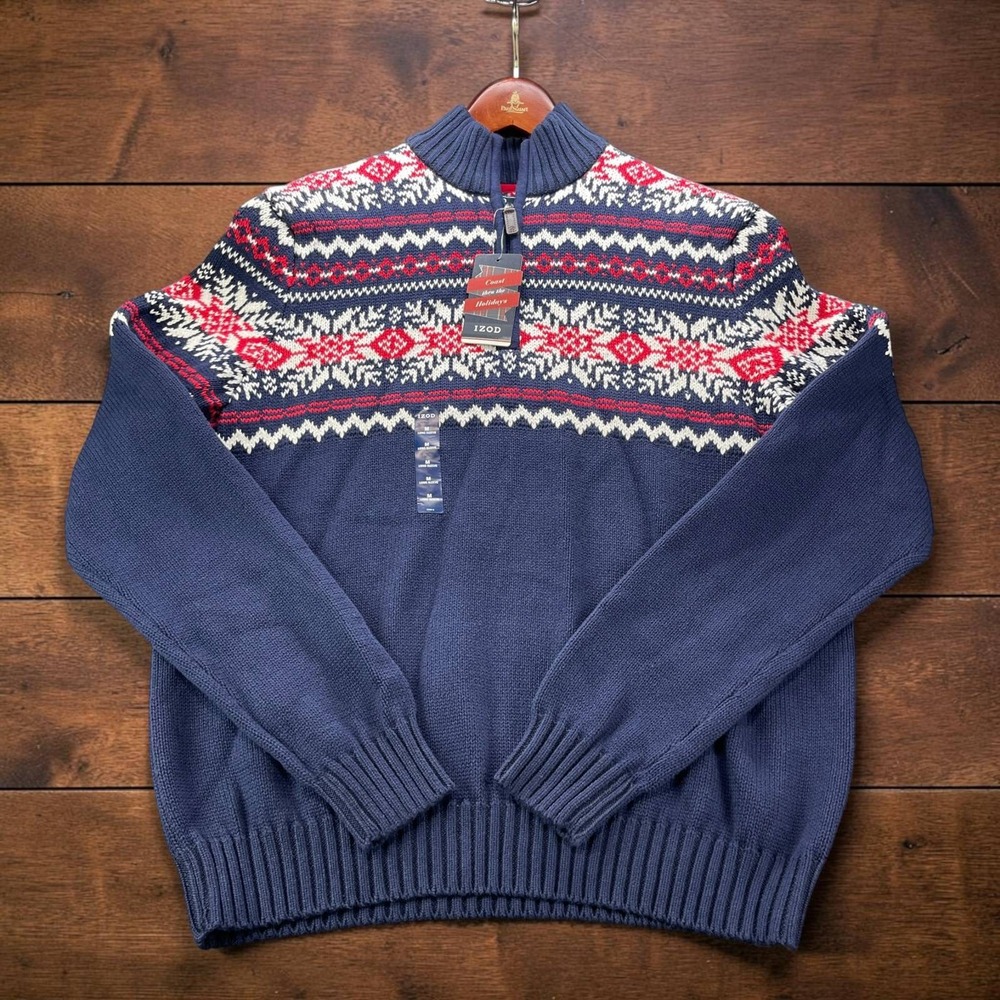 NEW IZOD Mens M Fair Isle Snowflake Quarter Zip Sweater Navy Red Holiday